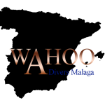 Silhouette map of Spain with Wahoo Divers Malaga logo representing diving services in Malaga